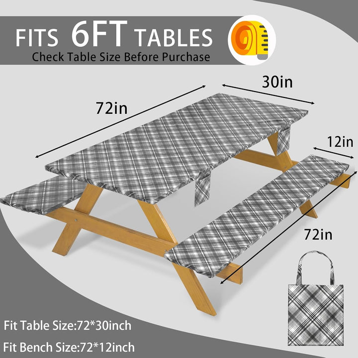 Fitted Waterproof Picnic Table Cover with Bench Covers Heavy Duty Elastic Outdoor Camping Tablecloth for 6 Foot Rectangle Tables Summer Rv Accessories Patio Garden Road Trip Essentials Gifts+2