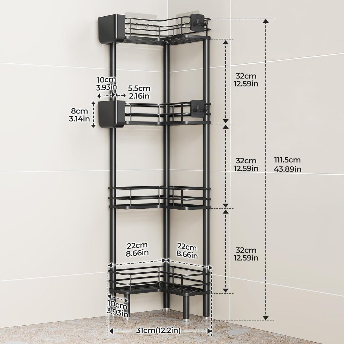rustproof-4-tier-floor-standing-corner-shower-caddy-organizer-with-toothbrush-holder-large-spacing-floor-shower-shelf-rack-storage-stands-with-hooks-for-bathroom-kitchen-black