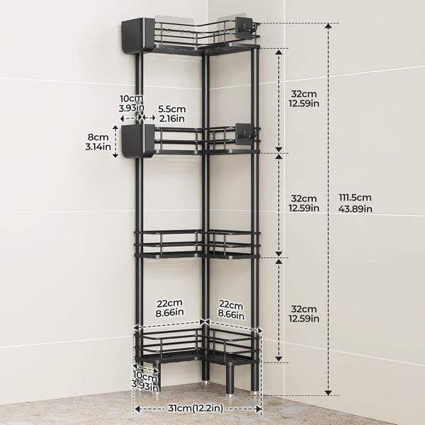 Rustproof 4 Tier Floor Standing Corner Shower Caddy Organizer with Toothbrush Holder, Large Spacing Floor Shower Shelf Rack Storage Stands with Hooks for Bathroom Kitchen, Black2