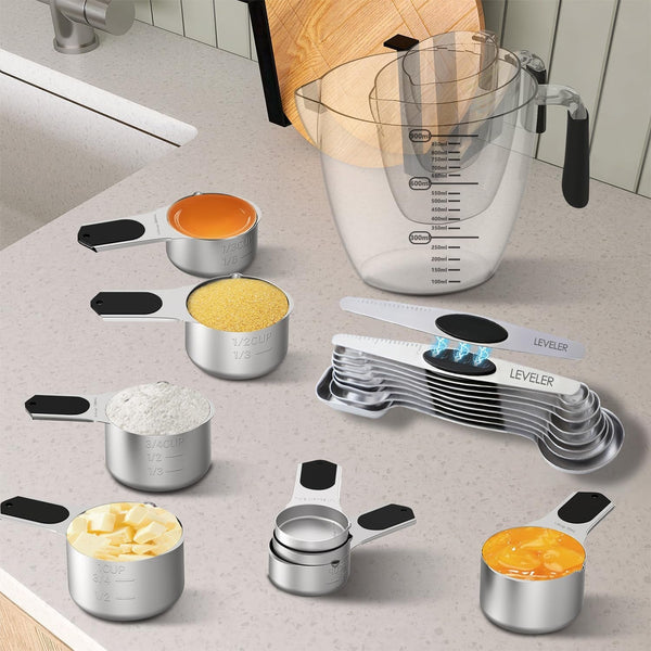 Measuring Cups and Spoons Set,Magnetic Measuring 5 Cups 7 Spoons & 1 Leveler, 3 Plastic Measuring Cup with 1 Measuring Conversion Chart, Metal Stainless Steel for Baking & Cooking3