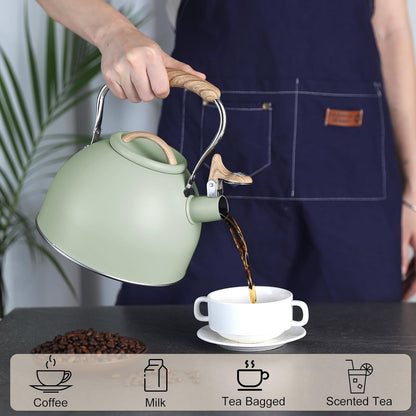 Tea Kettle,  100 OZ / 3 Liter Whistling Tea Kettle, Tea Pots for Stove Top Food Grade Stainless Steel with Wood Pattern Folding Handle, Loud Whistle Kettle for Tea, Coffee, Milk (Green)7