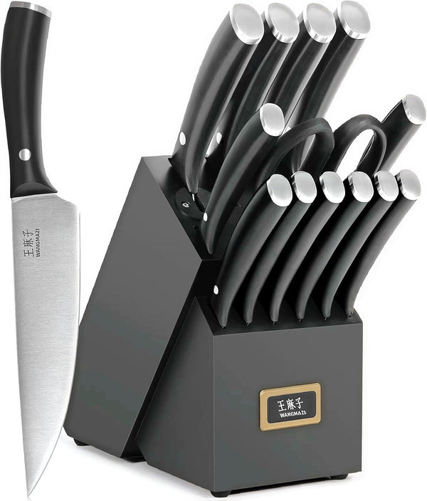 15-Pcs Knife Block Set, High Carbon Steel Ultra Sharp, Black | Kitchen Knife Set Block and Sharpener, Kitchen Knives Set, Dishwasher Safe, Chef Knives Set for Kitchen Cooking1
