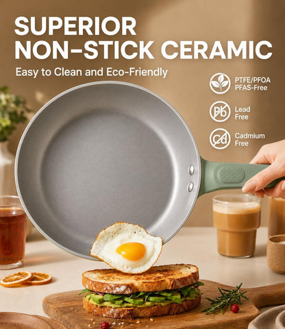 Non Stick Frying Pan Skillet,Egg Pan,Green Omelet Pan,Pfoa Free,11 Inch Ceramic Frying Pan,Induction with All Cooktops,Non-Slip Grip.8