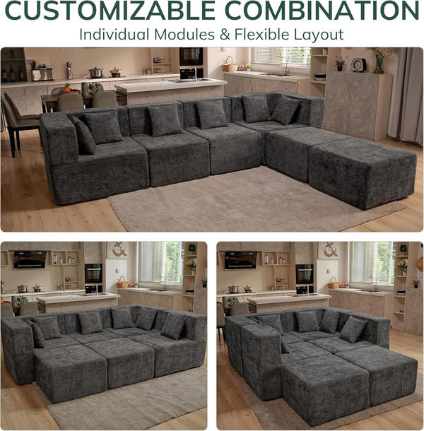 Modular Sectional Cloud Couch for Living Room - 130'' 6 Seater Convertible Chenille Couches Set with Ottoman, No Assembly Compression Sofas, Comfy Floor Sofa with Memory Foam, Grey3