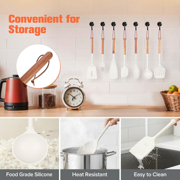 Silicone Cooking Utensils Set of 7, Wooden Handle (White)4