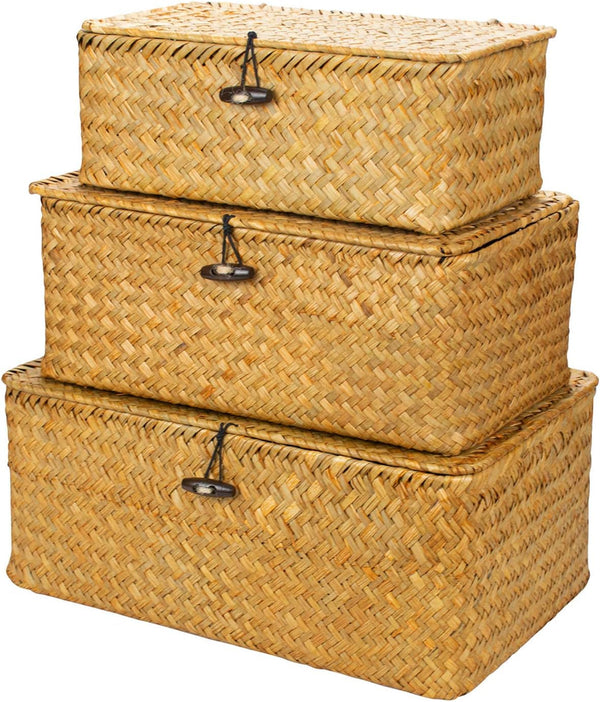 Small Shelf Baskets with Lid Set of 3, Compact Handwoven Seagrass Storage Bins Rectangular Wicker Basket for Shelf Organizer, Closet, Desktop1