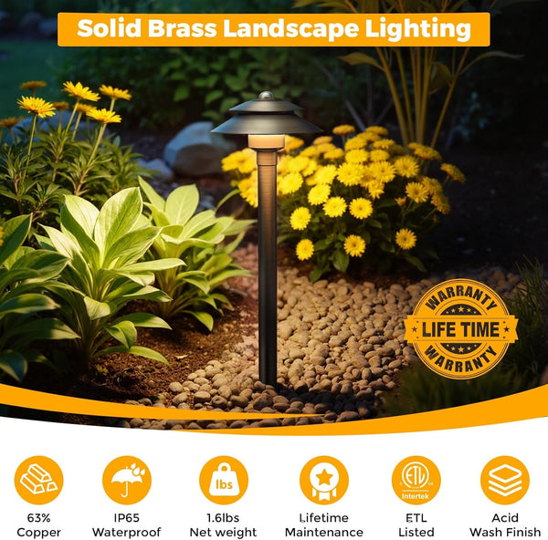 Solid Brass Low Voltage Landscape Pathway Lights (6'' Shade, 19'' Tall), 12V LED Heavy Duty Path Lighting Outdoor Wired, Waterproof Antique Bronze Walkway Light without G4 Bulb, 4 Pack2