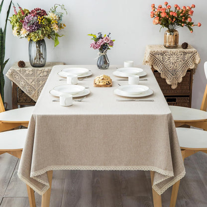 Textured Tablecloth Linen-Look Rustic Burlap Style Washable Solid Heavy Weight Lace Trim Rectangle Fabric Table Cloth,Table Cover for Kitchen Dinning Tabletop Decoration 55X70 in Beige2
