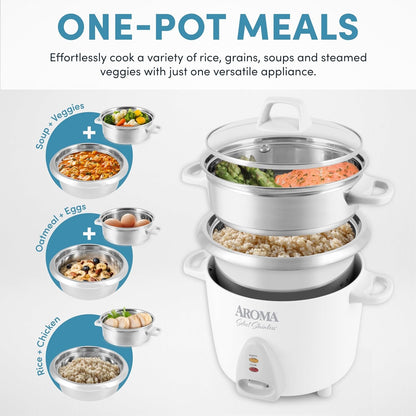 Housewares 14-Cup (Cooked) / 3Qt. Select Stainless Pot-Style Rice Cooker, & Food Steamer, One-Touch Operation, Automatic Keep Warm Mode, White (ARC-757-1SG)2
