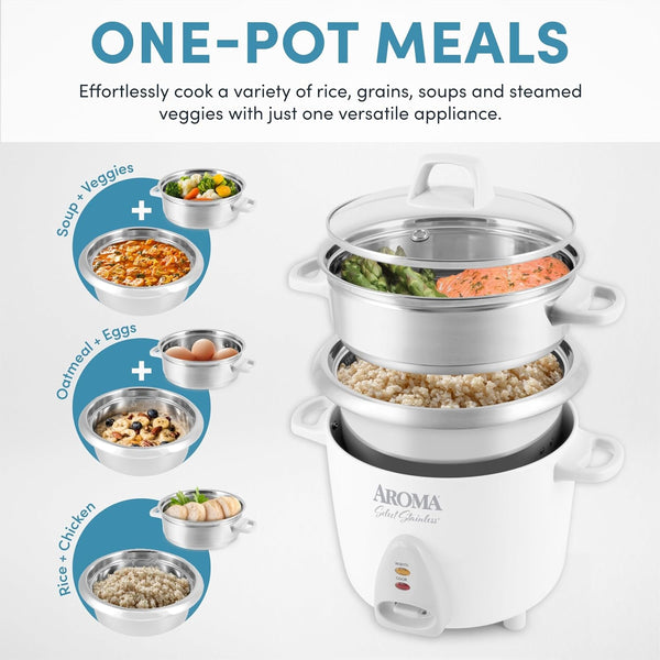 Housewares 14-Cup (Cooked) / 3Qt. Select Stainless Pot-Style Rice Cooker, & Food Steamer, One-Touch Operation, Automatic Keep Warm Mode, White (ARC-757-1SG)2