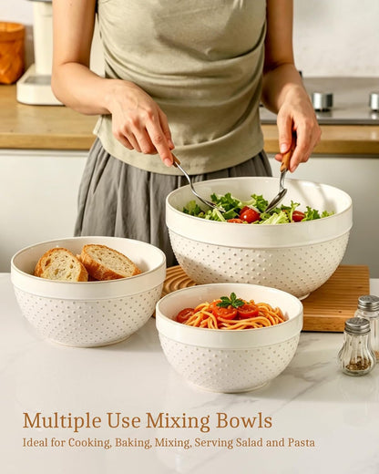 Ceramic Mixing Bowls Set of 3, Large Serving Bowls (10"/8"/6") for Baking, Kitchen Cooking, Serving, Food Prepping, Sourdough Kneading, Salad and Soup Bowl6