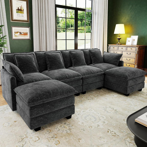 107" Cloud Couch Sectional Modular Sofa, Deep Seat Couches with Ottoman and Removable Washable Pillows for Living Room, Bedroom, Apartment, Black1