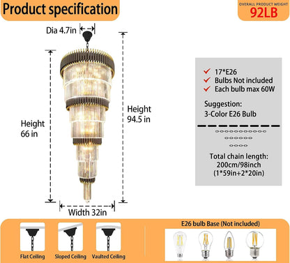 Luxury Black Gold Chandelier for High Ceilings 7-Tier Chandelier for Staircase Foyer Villa Large Farmhouse Crystal Ceiling Lighting D32 in × H95 In3