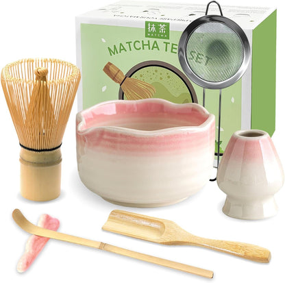 Matcha Whisk Set, 7PCS Matcha Set with Bamboo Whisk and Ceramic Bowl | Complete Matcha Kit Includes 17Oz Bowl, Handmade Whisk 100 Prongs, Holder, Spoon, Sifter for Matcha Lovers, Gradient Pink1