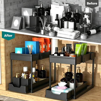 under Sink Organizer 2 Pack, Bathroom Cabinet Organizer, 2 Tier Sliding Cabinet Basket Organizer Drawer, Multi-Purpose Bath Collection Baskets for Bathroom (Black)4
