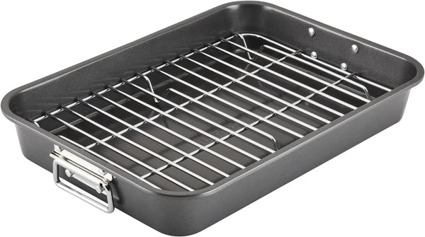 Bakeware Nonstick Roaster with Flat Rack, Roasting Pan with Rack for Home Cooking, 11-Inch X 15-Inch, Gray1
