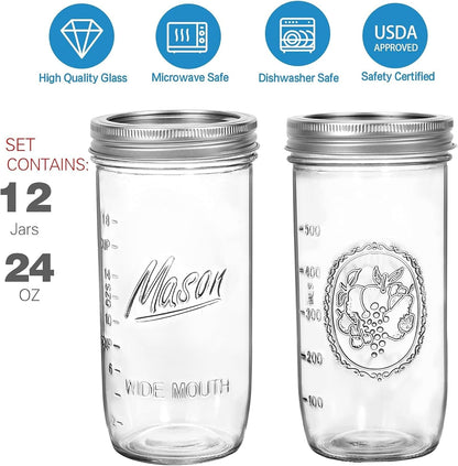 24 Oz Wide Mouth Mason Jars - Canning Jars with Metal Airtight Lids and Bands, 24 Ounce Mason Glass Jars for Fermenting, Pickling, Meal Prep, Overnight Oats, Jam, Jelly, DIY Projects (12 Pack) | Canning Jars for Fermenting, Pickling, Meal Prep, Overnight Oats, Jam, Jelly, DIY Projects (12 Pack)2