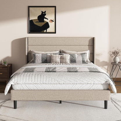 Queen Size Bed Frame Linen Upholstered with Wing Headboard, Beige7