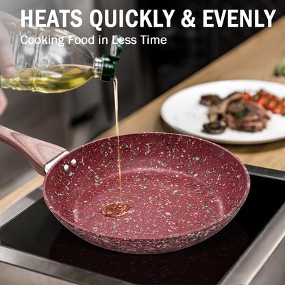 12" Red Granite Non-Stick Frying Pan with Lid, Classic Pans with Non-Toxic Nonstick Coating, Aluminum Skillet with Heat-Resistant Bakelite Handle, Induction Compatible Frying Pan2