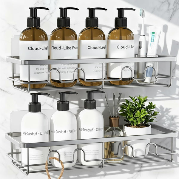 Adhesive Shower Caddy, Large Capacity Shower Racks for inside Shower, No Drill Bathroom Shower Organizer and Storage, 2 Pack Silver Bathroom Shelves, Home Decor Rv Accessories, Apartment1