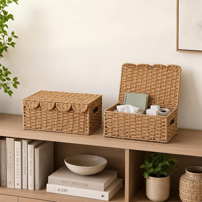 Set of 2 Scalloped Wicker Basket with Lid, Paper Rope Baskets for Shelves7