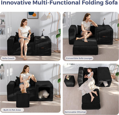 Folding Sofa Couch, Convertible Floor Sofa with Armrest, Multifunctional Sofa with Pillow and Pockets, Boneless Couch for Living Room, Black4