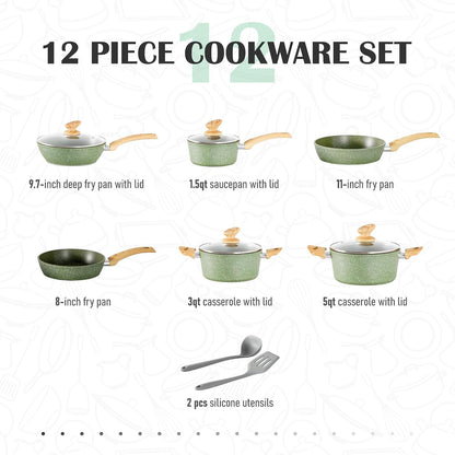 Pots and Pans Set Non Stick, 12 Pcs Kitchen Cookware Sets | Induction Compatible, Granite Nonstick Pans Set for Cooking, 100% PFOA & PFAS Free Non Toxic6
