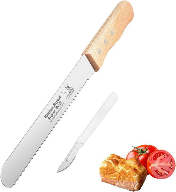 2-Pack Bread Knife & Bread Lame Set: 8" Premium Stainless Steel Serrated Knives Blade with Wood Handle for Homemade Bread, Sourdough Tomato, Bagel + Dough Scoring Tool for Razor Sharp Carving1