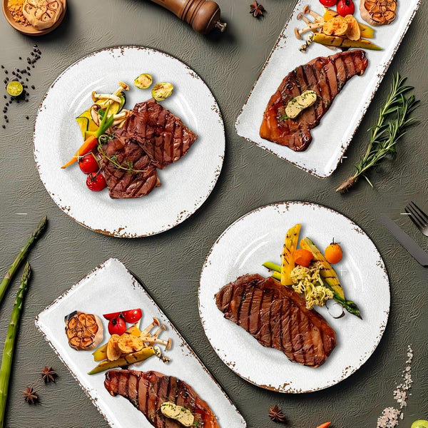 Vintage Melamine Dinnerware Sets, 18 Piece Lightweight and Unbreakable Outdoor Plates and Bowls Set, RV Dishes Set of 6, Chip Resistant Kitchen Plate Set for Indoor and Outdoor Use, White3