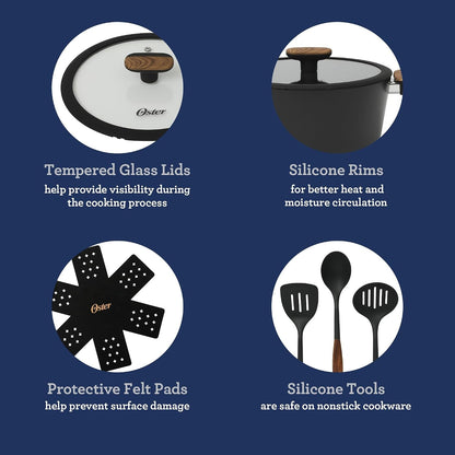 Oster Platinum Oxburg 14 Piece Forged Aluminum PFA Free Non-Toxic Premium Ceramic Non Stick Interior Cookware & Kitchen Tools Set - Black W/Wood Handles6