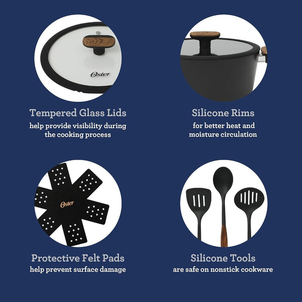 Oster Platinum Oxburg 14 Piece Forged Aluminum PFA Free Non-Toxic Premium Ceramic Non Stick Interior Cookware & Kitchen Tools Set - Black W/Wood Handles6
