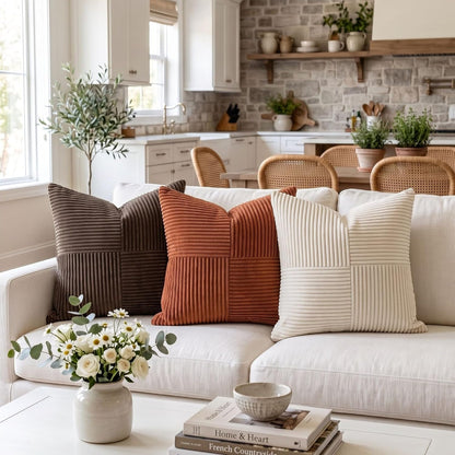 2 Packs Rust Boho Decorative Throw Pillow Covers 18X18 Inch for Couch Bed Sofa, Farmhouse Fall Home Decor, Soft Corss Corduroy Patchwork Textured Terracotta Accent Cushion Case 45X45 Cm2