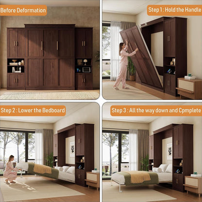 Murphy Bed Queen with 2 Storage Cabinets and USB Port, Walnut4