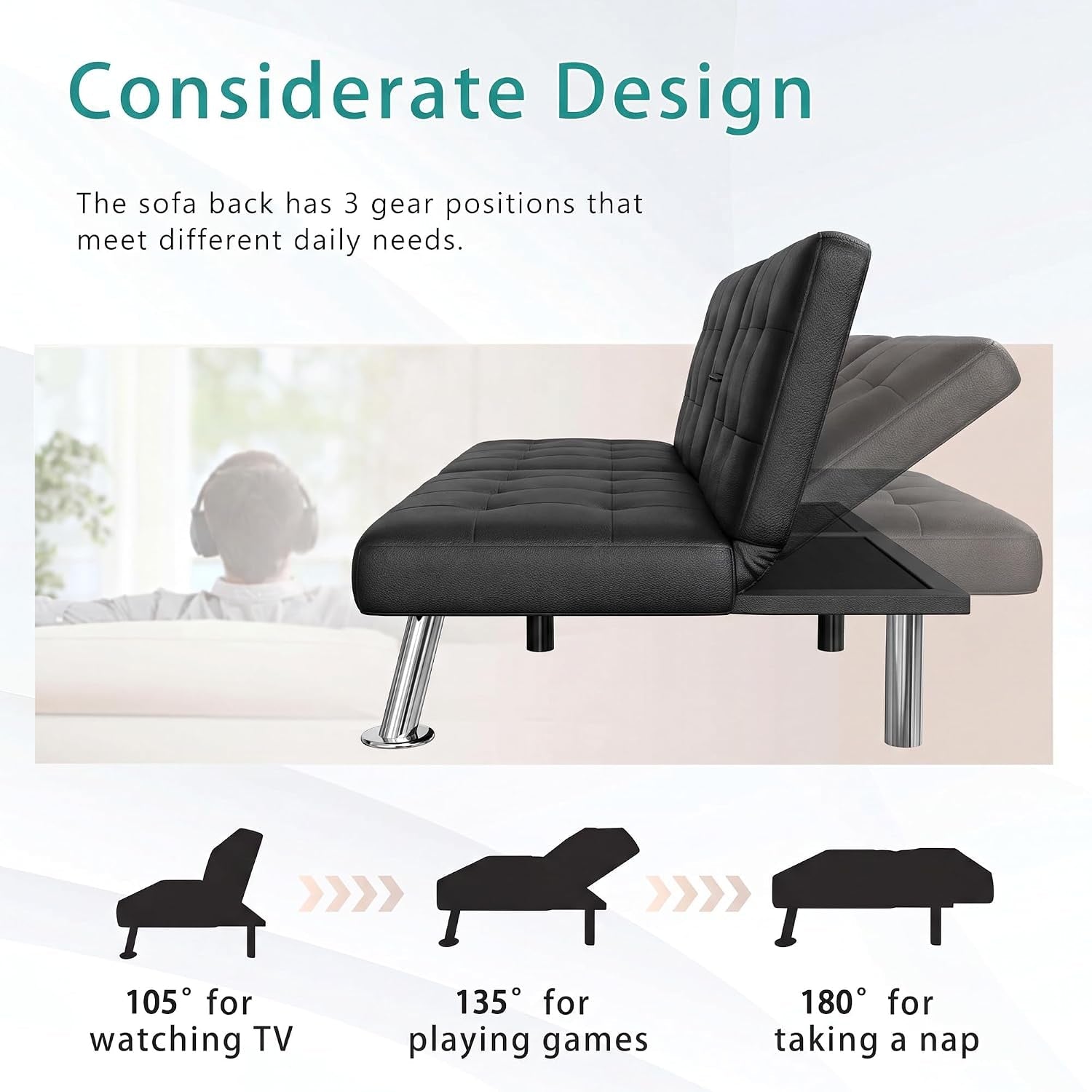 futon-sofa-bed-black-faux-leather-convertible-loveseat-couch