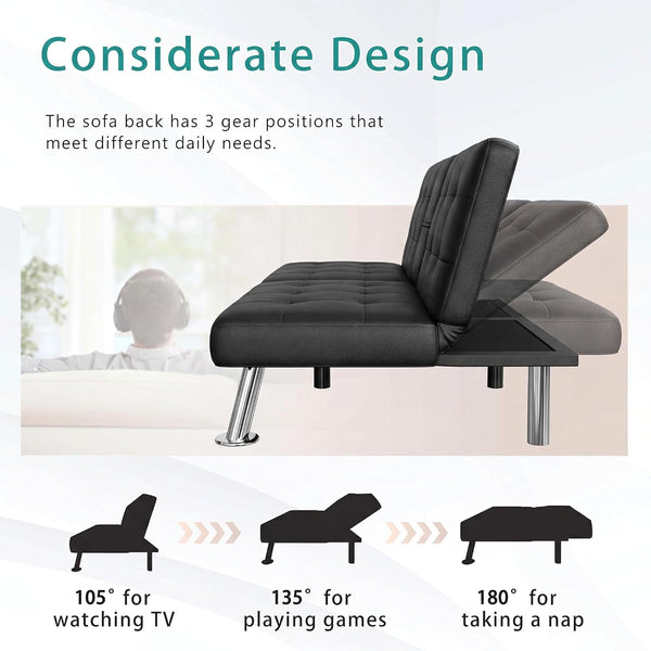 Futon Sofa Bed, Black Faux Leather Convertible Loveseat Couch4