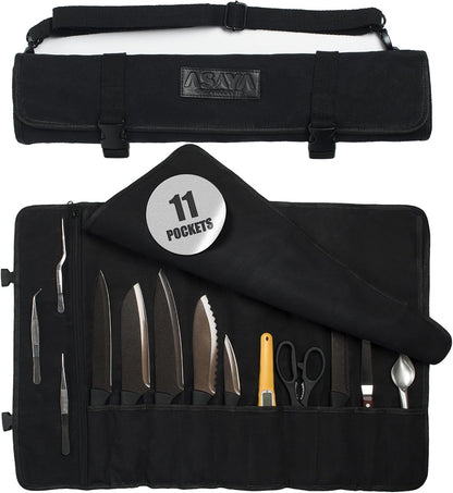 Waxed Canvas Chef Knife Roll Bag with 10 Slots and a Zipper Pocket - Professional Chef Knife Bag & Storage Case, with Shoulder Strap - Knives Not Included (Black)1