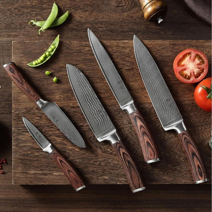 EDIB Damascus Knife Set, 5-Piece VG10 Steel Knives, Wooden Gift Box | Five VG10 Damascus Kitchen Knives with Ergonomic Pakkawood Handles, Chef Knife Set Packed in Wooden Gift Box for Home Chefs2