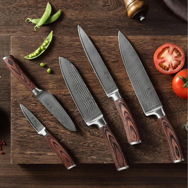 EDIB Damascus Knife Set, 5-Piece VG10 Steel Knives, Wooden Gift Box | Five VG10 Damascus Kitchen Knives with Ergonomic Pakkawood Handles, Chef Knife Set Packed in Wooden Gift Box for Home Chefs2