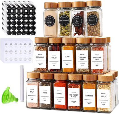 Spice Jars with Label 24Pcs,Seasoning Containers,Glass Spice Jars with Bamboo Lids,Kitchen Essentials,Spices Container Set,Kitchen Set,Seasoning Organizer,A Total of 96 Oz1