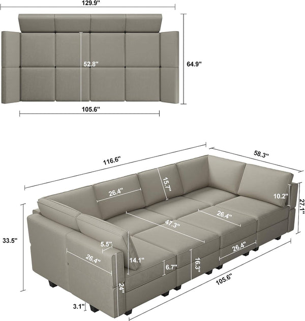 Modular Sectional Sofa with Storage Chaises Sectional Sleeper Sofa Couch 8 Seat Sectional Bed Grey2