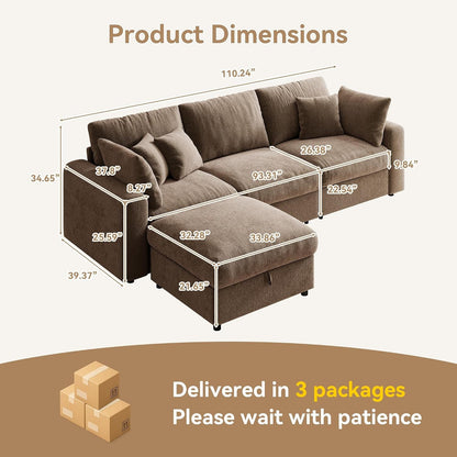 110” Cloud Sectional Couches for Living Room, Modular Sectional Sofa with Deep Seat, Convertible L-Shape Couch with Storage Ottoman for Bedroom Apartment, Chenille (Brown)2