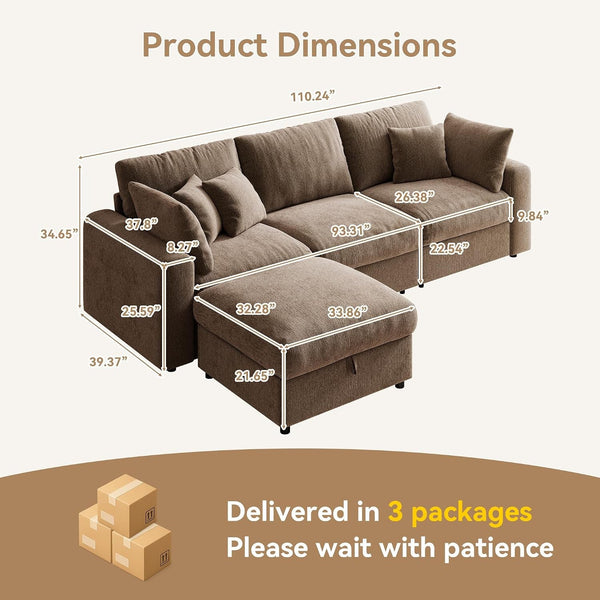 110” Cloud Sectional Couches for Living Room, Modular Sectional Sofa with Deep Seat, Convertible L-Shape Couch with Storage Ottoman for Bedroom Apartment, Chenille (Brown)2