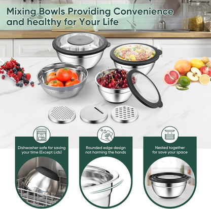 Mixing Bowls with Lids, Metal Mixing Bowl with Colander, Black7