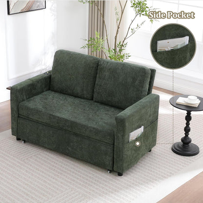 3 in 1 Folding Convertible Sleeper Sofa Bed Pull Out Couch with Side Pockets USB Port Side Table Loveseat Sofa Bed with Adjustable Backrest for Living Room Bedroom 66" Darkgreen 2 SEAT7