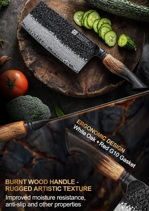 7.3 Inch Vegetable Cleaver Knife,10Cr15Comov Steel Core Forged Damascus Steel,Sharp Slicing Knife for Home Kitchen and Restaurant,Ergonomic White Oak + Red G10 Gasket Handle4
