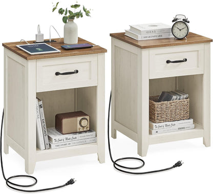VASAGLE Farmhouse Nightstands with Charging Station, 1 Drawer, Set of 2 | Bedside Table, Side Table with Open Compartment, for Bedroom, Rustic White and Honey Brown, LIRY Collection ULET859K411