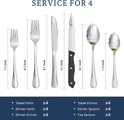 Silverware Set with Steak Knives 24-Piece Flatware Set for 4 Food-Grade Stainless Steel Cutlery Set Mirror Polished Utensils Set Include Spoons and Forks for Home Kitchen Restaurant6