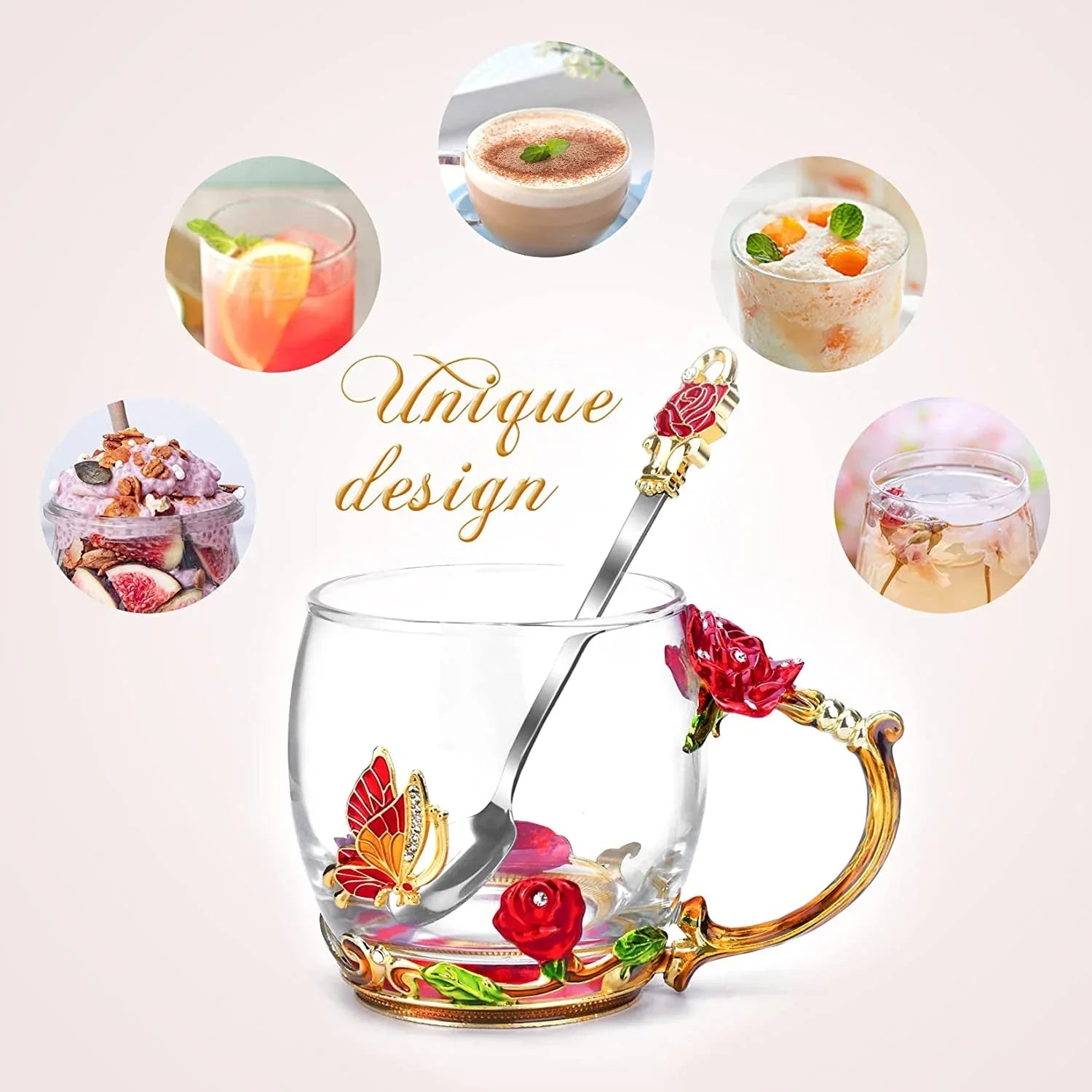 Elegant clear glass coffee mug with gold butterfly and red rose handle and matching spoon, unique design