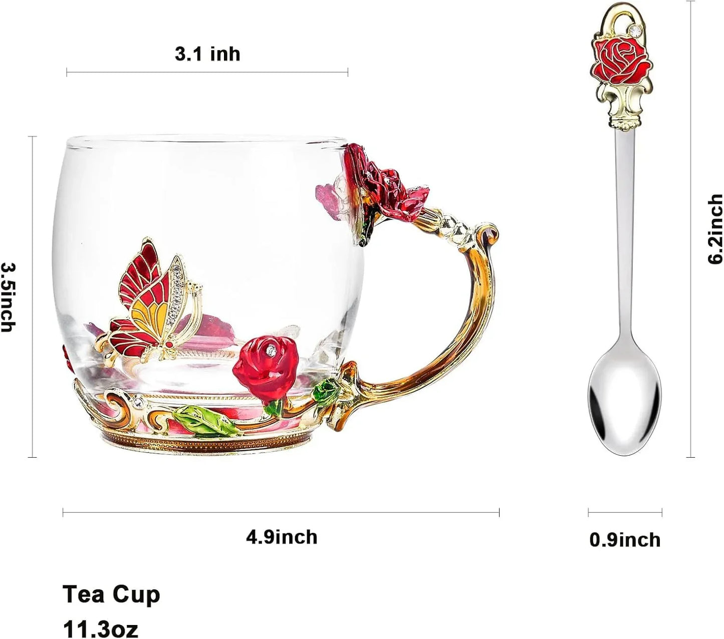 Decorative glass tea cup with red rose and butterfly design and matching rose-topped silver spoon
