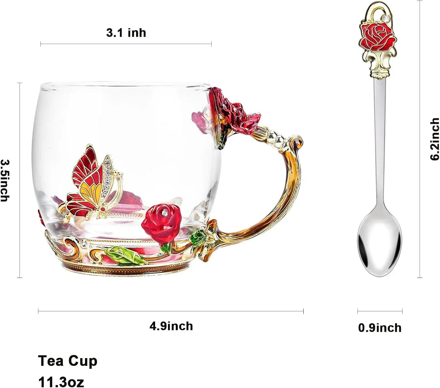 Decorative glass tea cup with red rose and butterfly design and matching rose-topped silver spoon